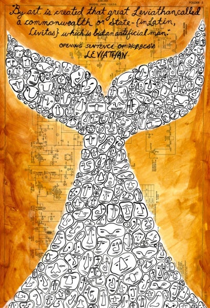 Illustration of a white whale tail composed of human faces against an orange background.