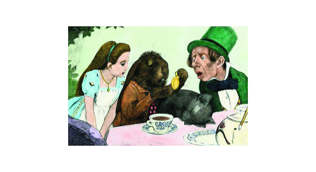 An illustration from Alice in Wonderland's tea party scene.