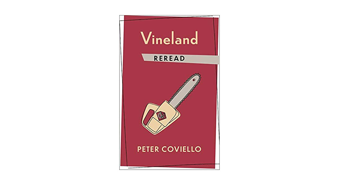 Red cover of Vineland Reread with a chainsaw graphic